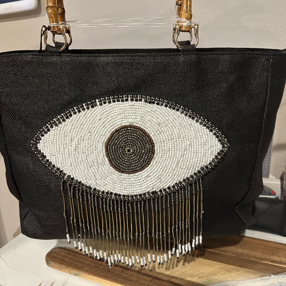Black and White Eye Tote with Metallic Fringe